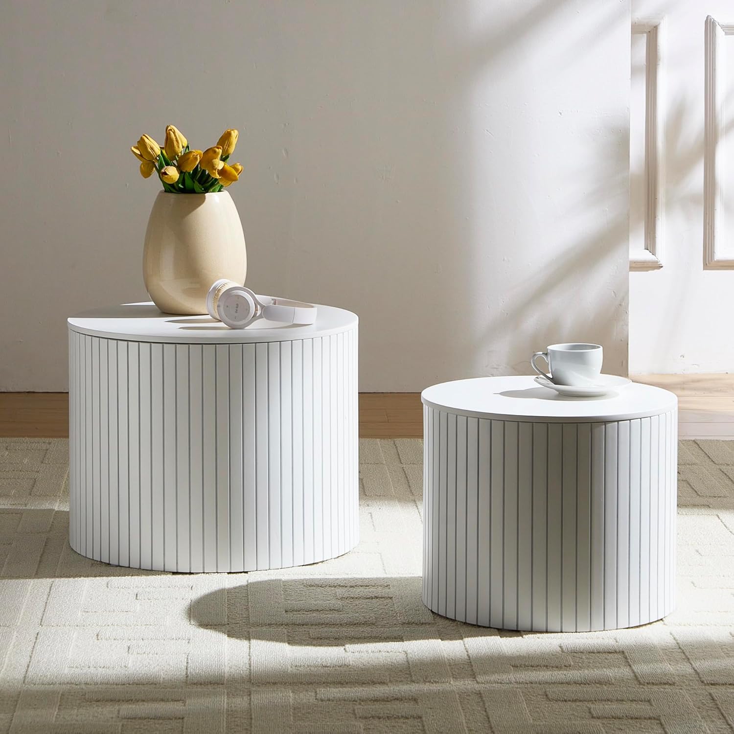 Nesting Cofee Tables Set of 2 with Storage, Modern Round Wooden Coffee Table Circle Side Tables