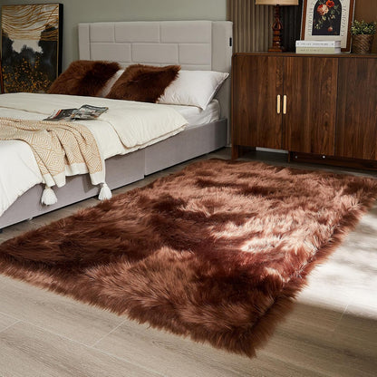 AMTOVO Faux Fur Sheepskin Rug for Living Room, 4 x 6 ft Coffee Fluffy Area Rug for Bedroom