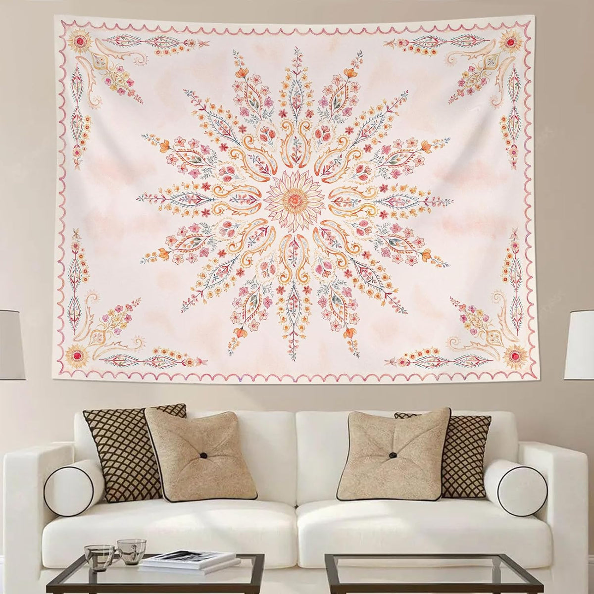Fowocu Boho Floral Mandala Tapestry for Bedroom Aesthetic Pink Bohemian Flower Wall Tapestry