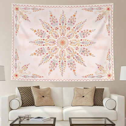 Fowocu Boho Floral Mandala Tapestry for Bedroom Aesthetic Pink Bohemian Flower Wall Tapestry