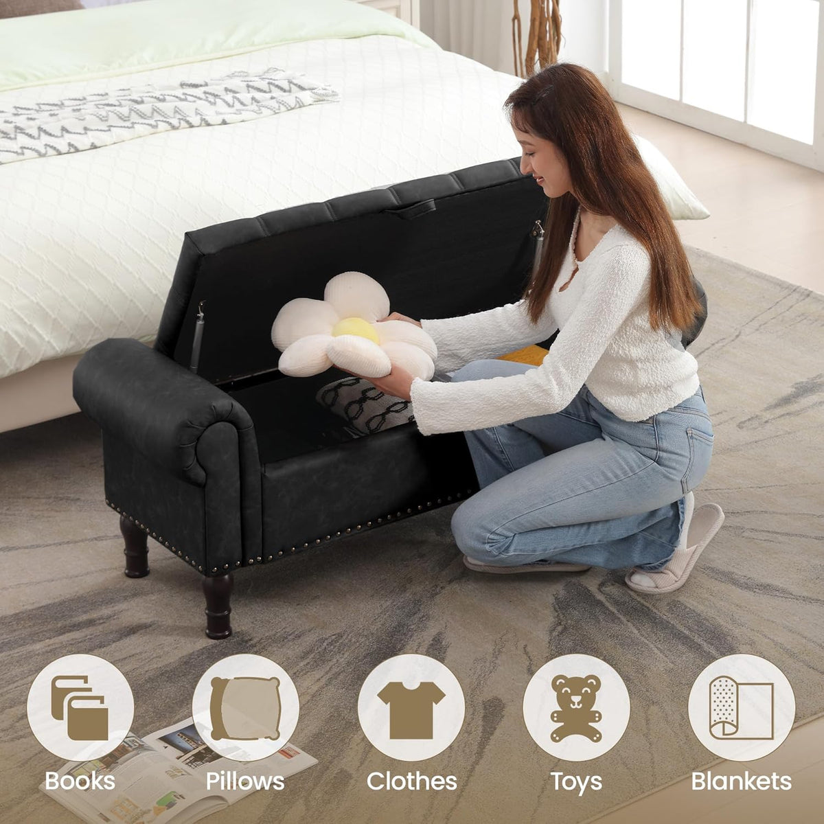 Storage Ottoman Bench for Bedroom, 51" Upholstered Bedroom Bench with Rolled Arms and Vintage