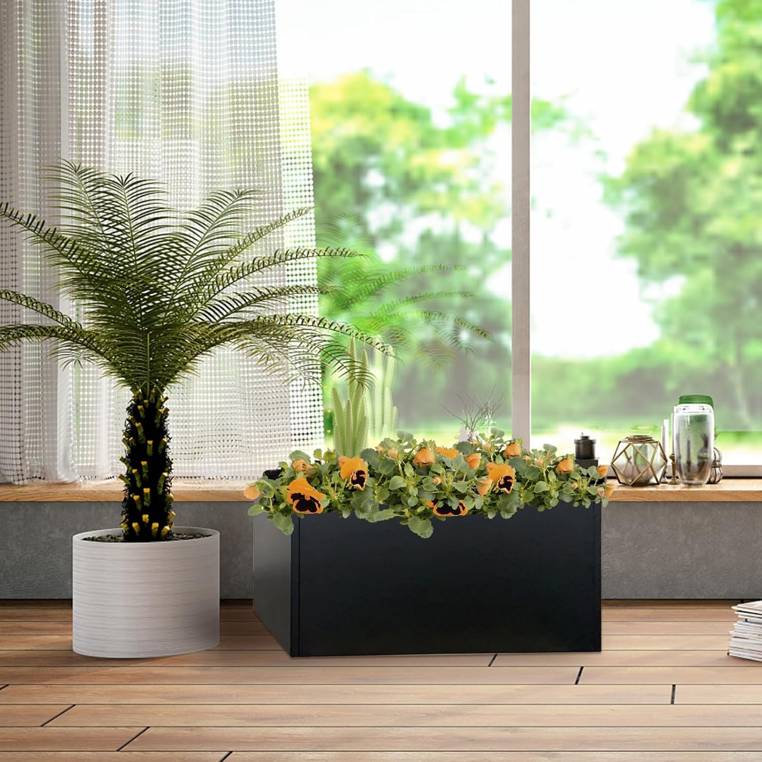 Galvanized Steel Planter Black Metal Outdoor Planter Powder Coated 32" x 12" x 16" Pot Metallic
