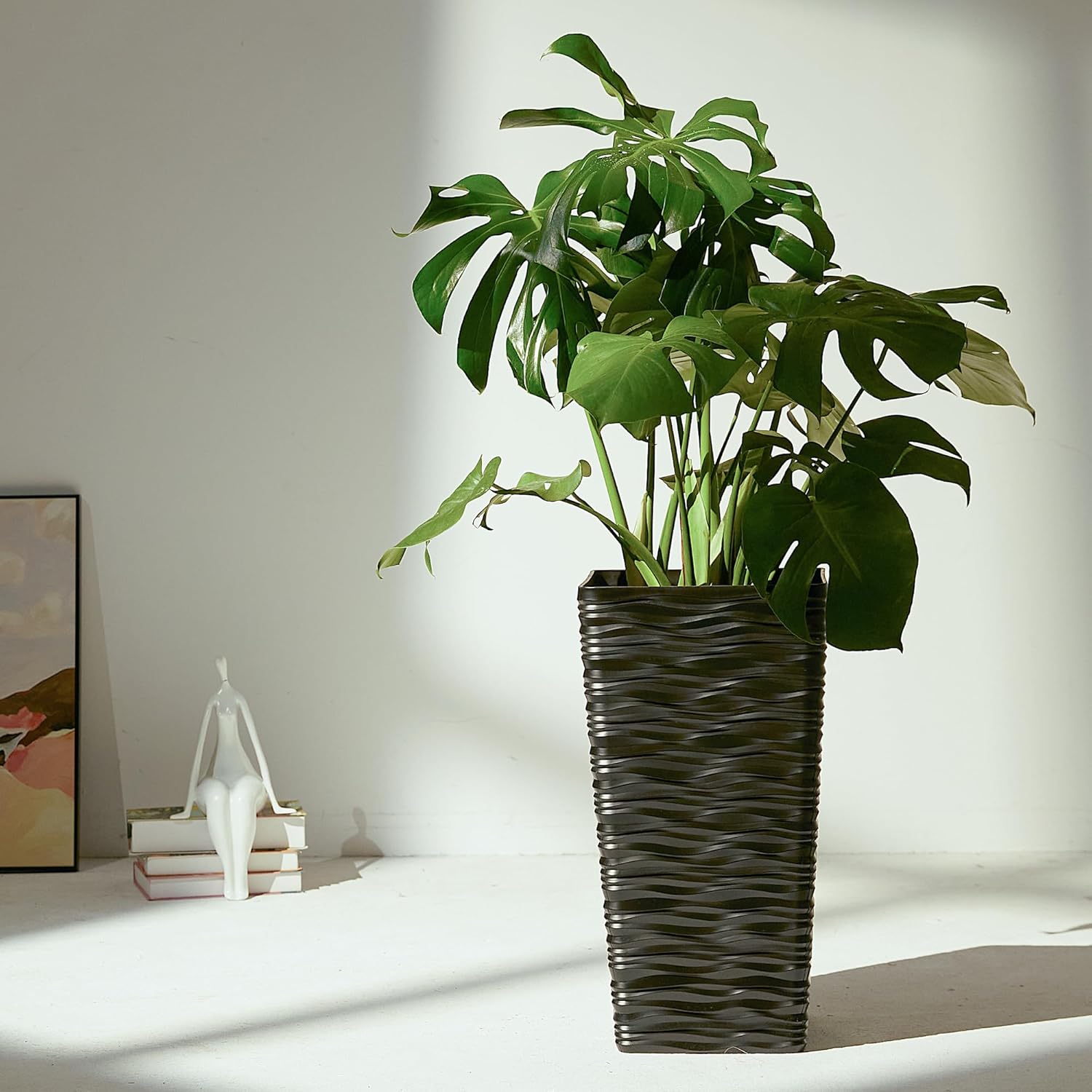 Worth Garden 2-Pack Black Tall Planter - Plastic Square Tapered Tree Plant Pots for Indoor Outdoor