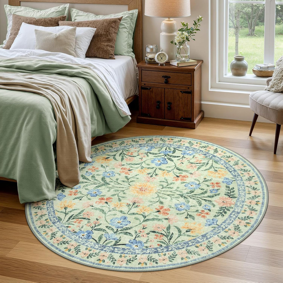Wonnitar Washable Round Area Rug, 5ft Green Floral Round Rug Boho Soft Circle Carpet, Non Slip Low