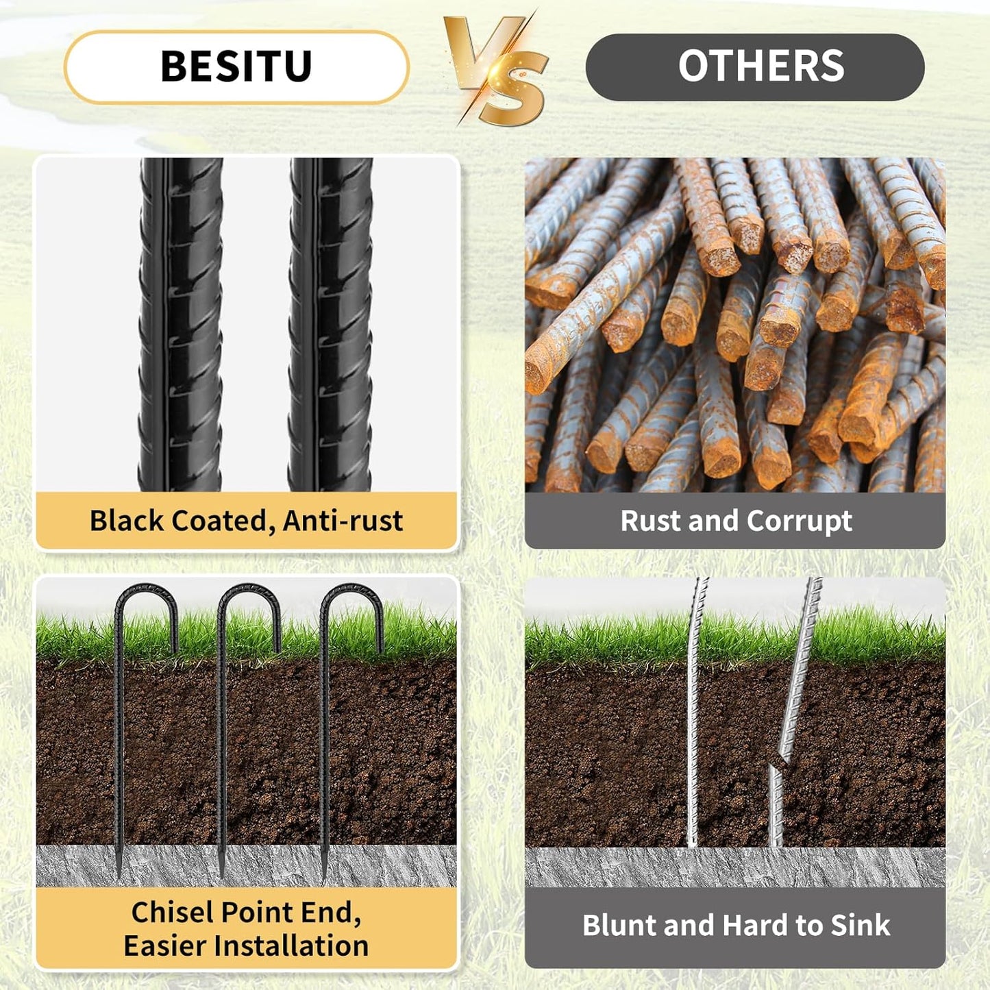 16 Inches 24-Pack J Hook Rebar Stakes Heavy Duty Tent Stakes with Chisel Point End, Steel Ground