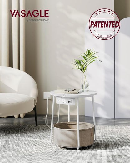VASAGLE Side Table with Charging Station, Round End Table with Fabric Basket, Nightstand with Power