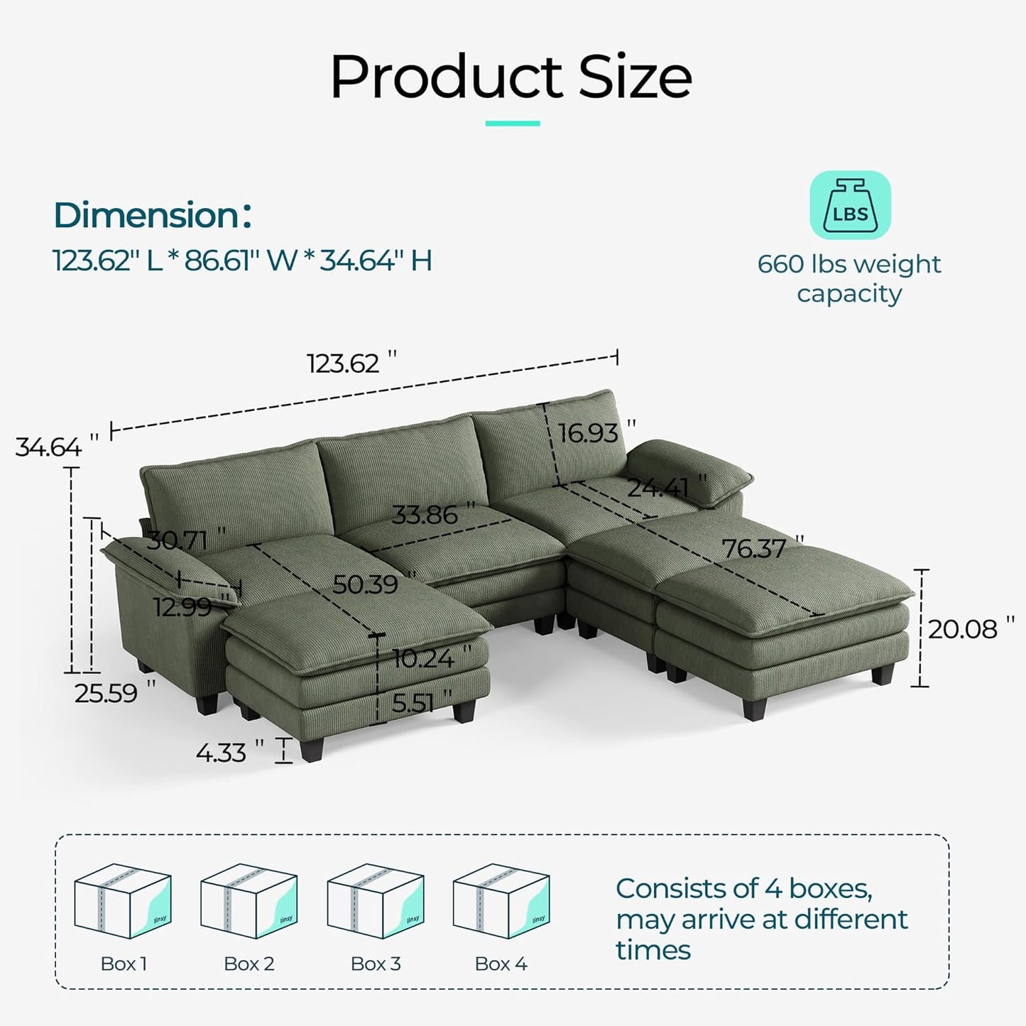 LINSY HOME Sectional Sleeper Sofa - 123'' Modular Cloud Couch Oversized Corduroy Sofa Bed with