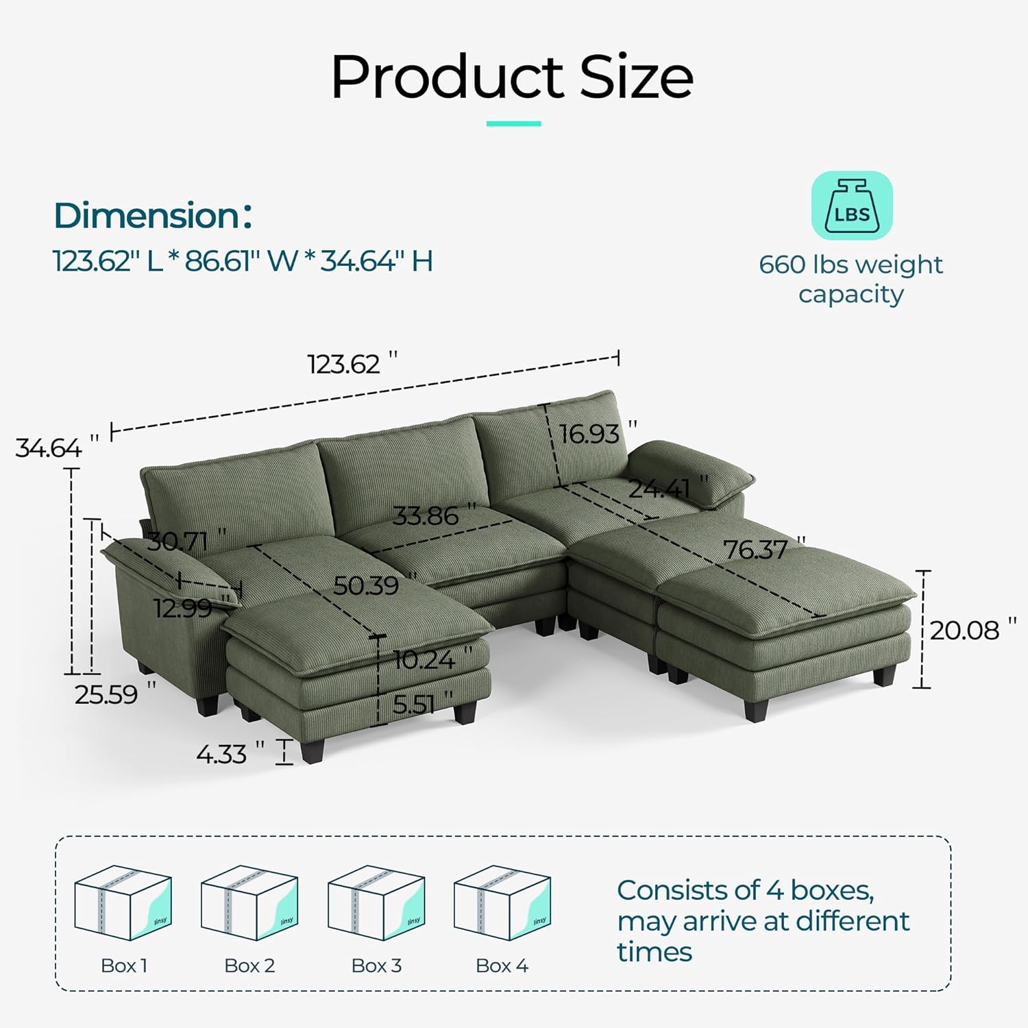 LINSY HOME Sectional Sleeper Sofa - 123'' Modular Cloud Couch Oversized Corduroy Sofa Bed with
