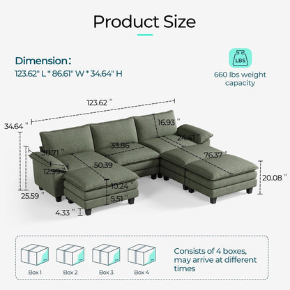 LINSY HOME Sectional Sleeper Sofa - 123'' Modular Cloud Couch Oversized Corduroy Sofa Bed with