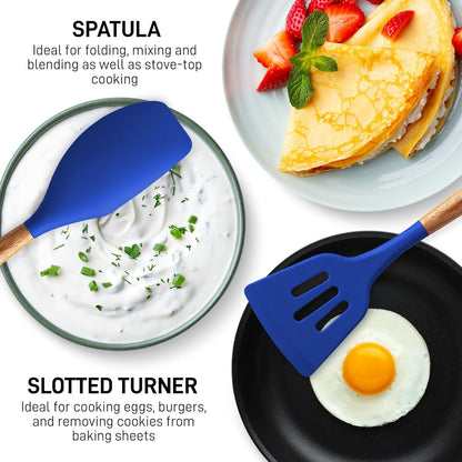 Zulay Kitchen Non-Stick Silicone Cooking Utensils Set with Acacia Wood Handles - 5 Piece Set - Heat
