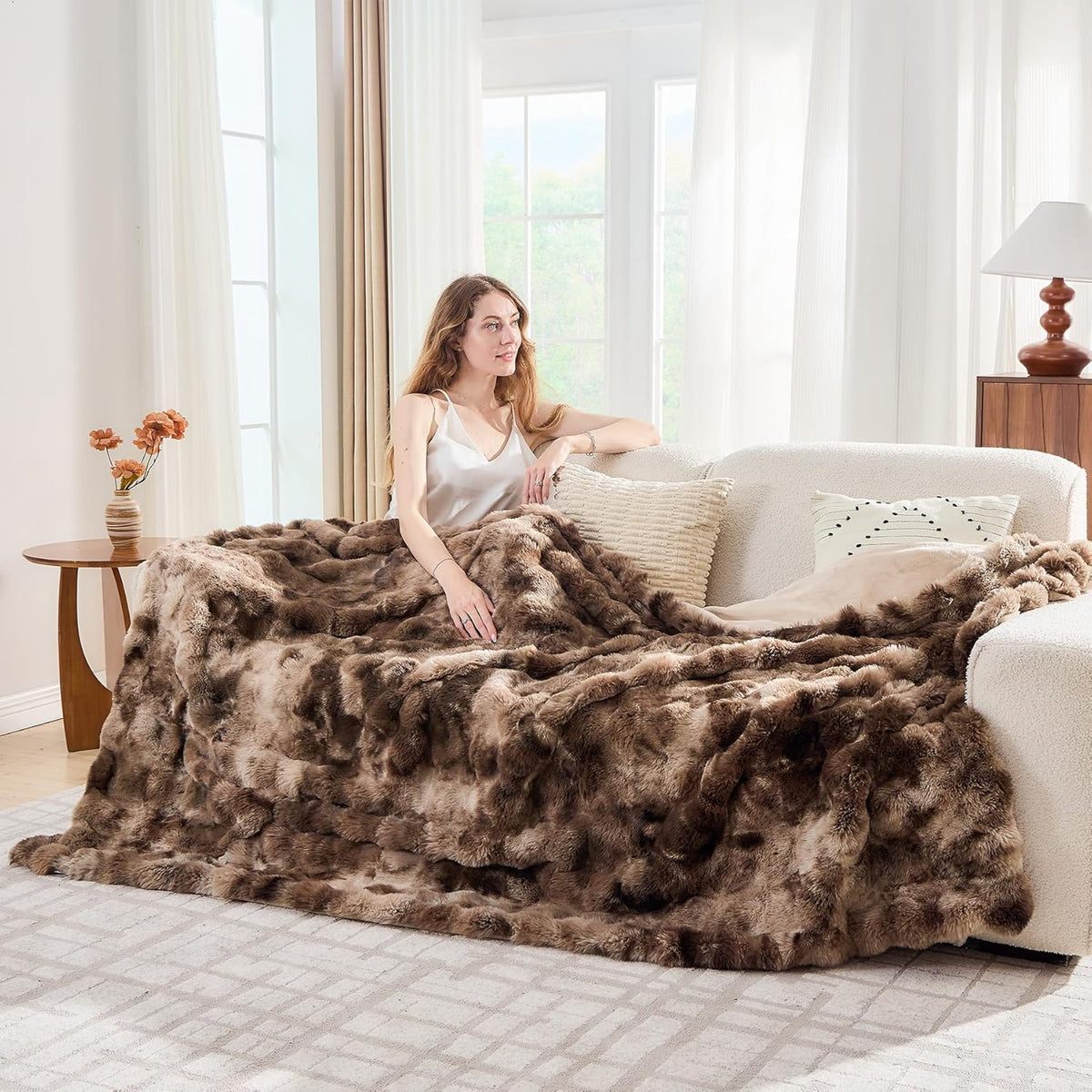 Lotus Karen Faux Fur Throw Blanket Tie-Dye Dark Coffee - Big Bubble Rabbit Fluff Blanket for