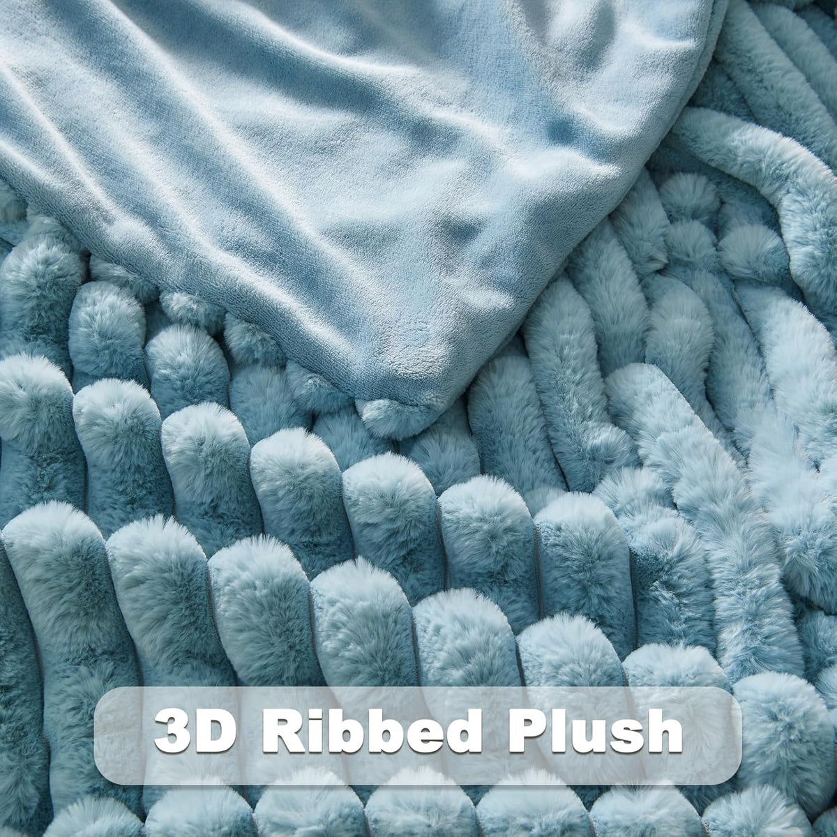 NEWCOSPLAY Faux Fur Throw Blanket Blue 3D Ribbed Plush Thick Warm Blanket for Couch Sofa Bed 850GSM