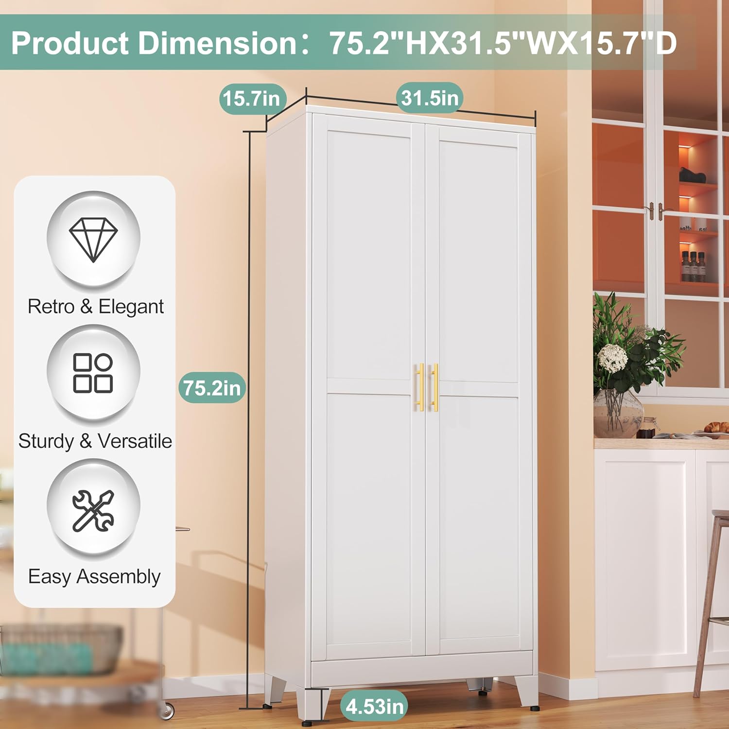 Metal Pantry Cabinet with 2 Doors and 5 Adjustable Shelves, 75" Kitchen Storage cabinets with Gold