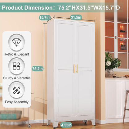 Metal Pantry Cabinet with 2 Doors and 5 Adjustable Shelves, 75" Kitchen Storage cabinets with Gold