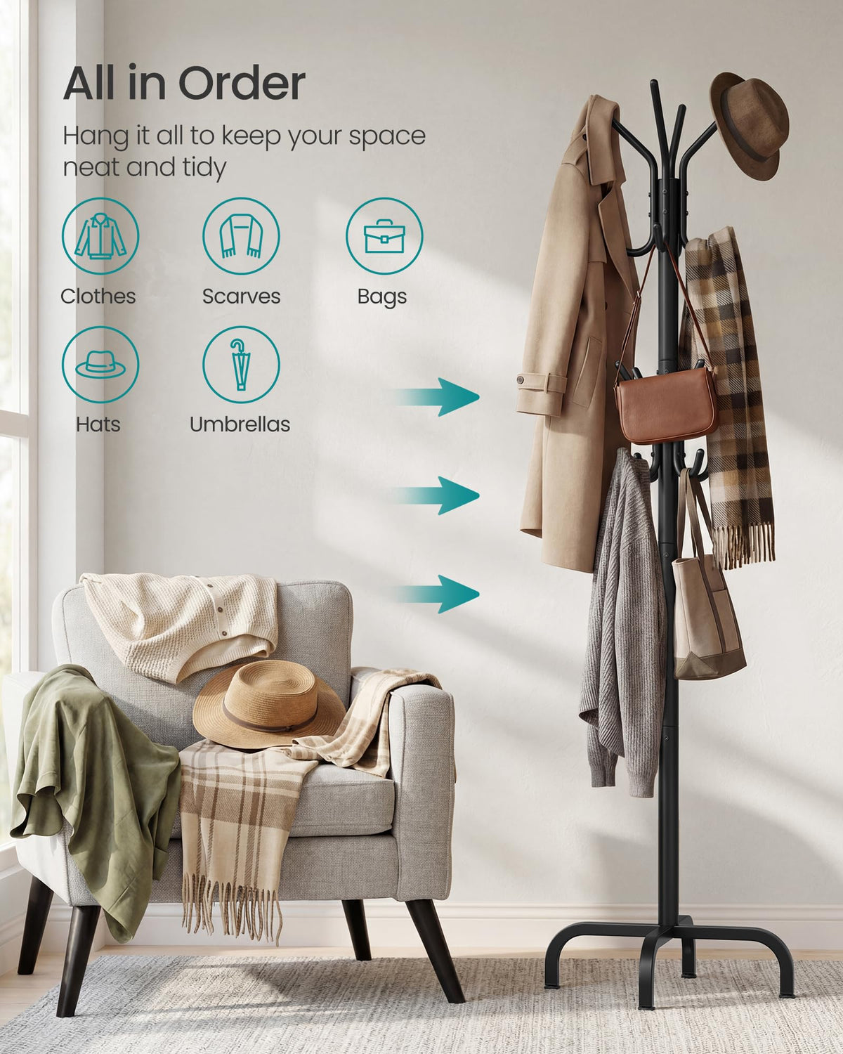 SONGMICS Coat Rack Freestanding with 16 Hooks, Metal Coat Tree Stand with 4 Adjustable Feet