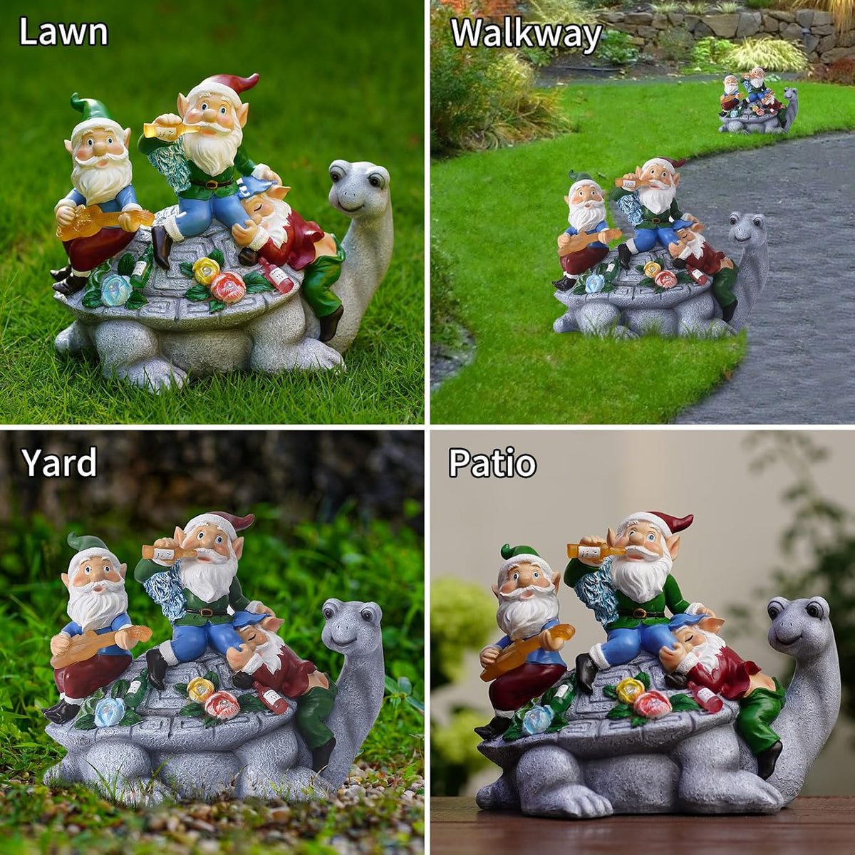 Upgraded Size Solar Garden Outdoor Statues Three Gnomes having party on turtle with 7 LED Solar