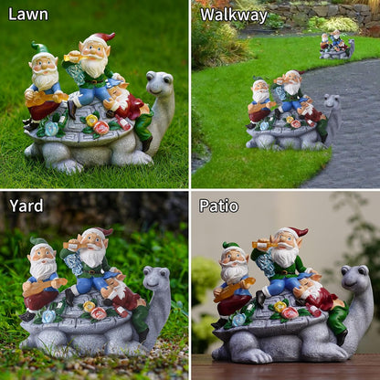 Upgraded Size Solar Garden Outdoor Statues Three Gnomes having party on turtle with 7 LED Solar