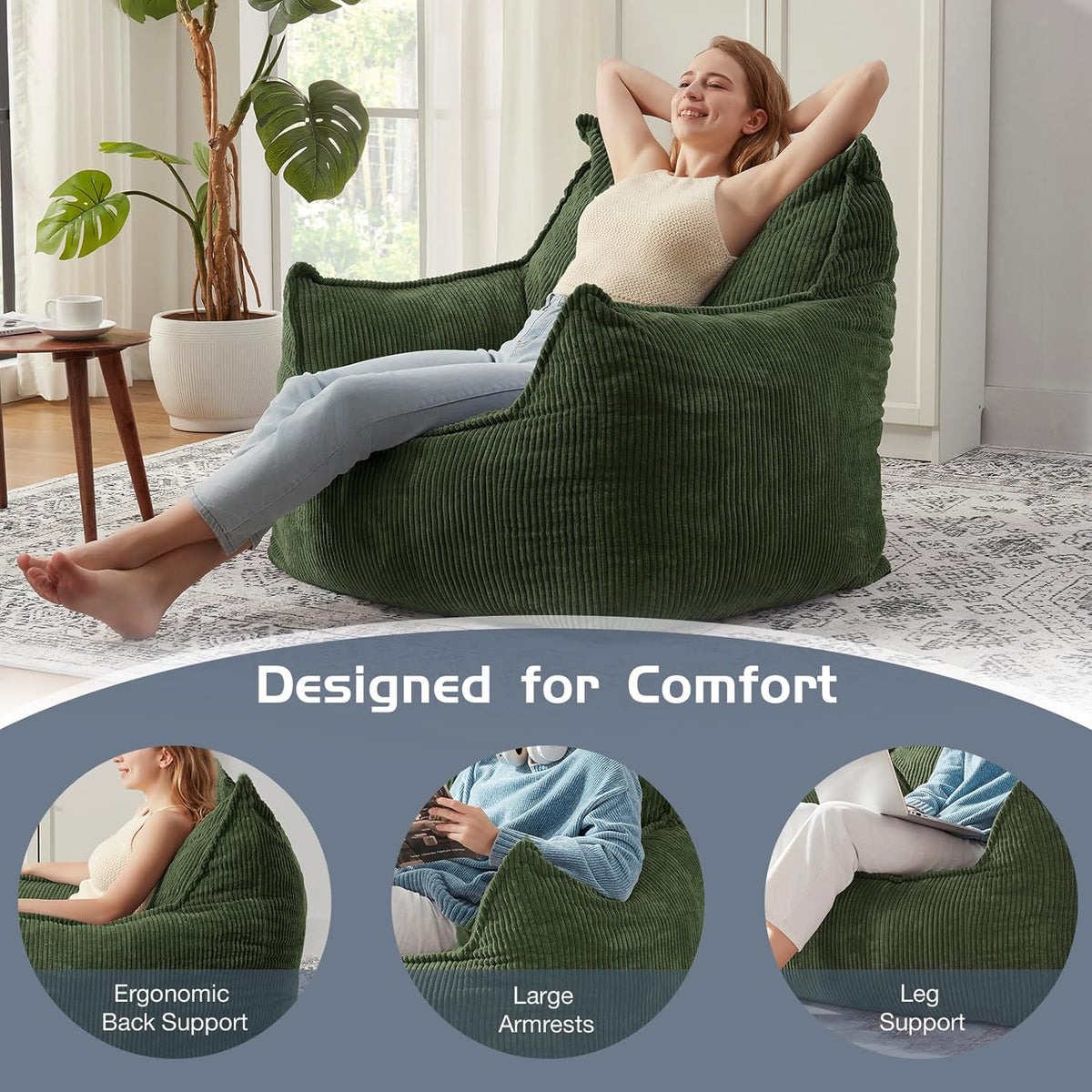 Giant Bean Bag Chair Sofa for Adults Teens, Comfy Corduroy Large Bean Bag Chairs with Armrests for