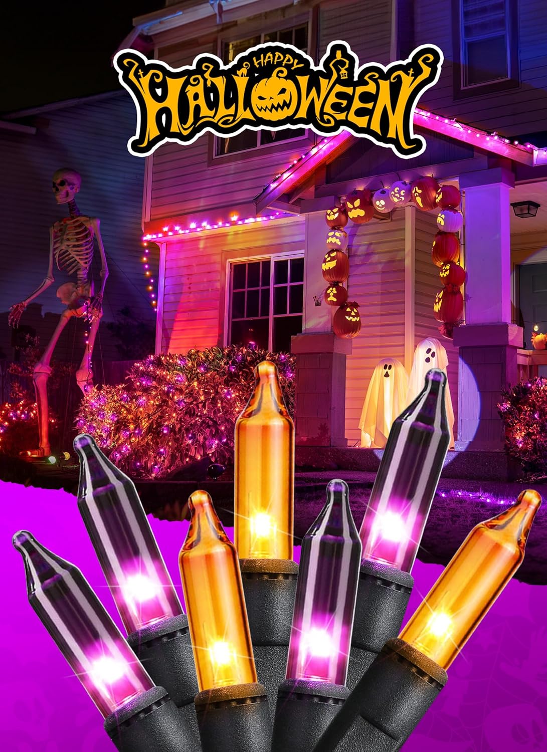 Minetom Halloween String Lights Orange & Purple 100 Count 25 Feet Incandescent Bulb Mini Lights for