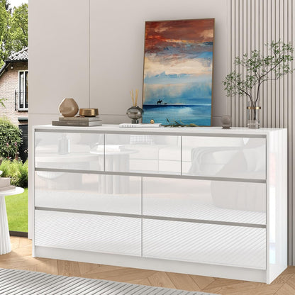 White Malm Dresser for Bedroom, 55 Inch Full High Gloss Dresser with 7 Drawers, Modern Large Wood