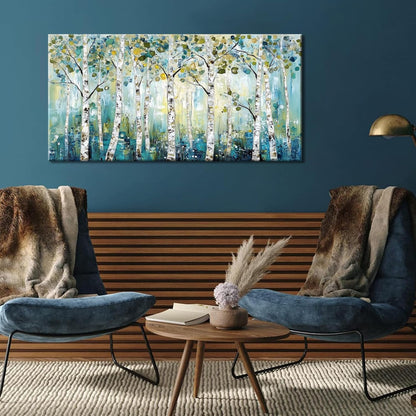 LASMOND Abstract Teal Grove Canvas Paintings Prints Modern Tree Wood Artwork Decor Wall Art for