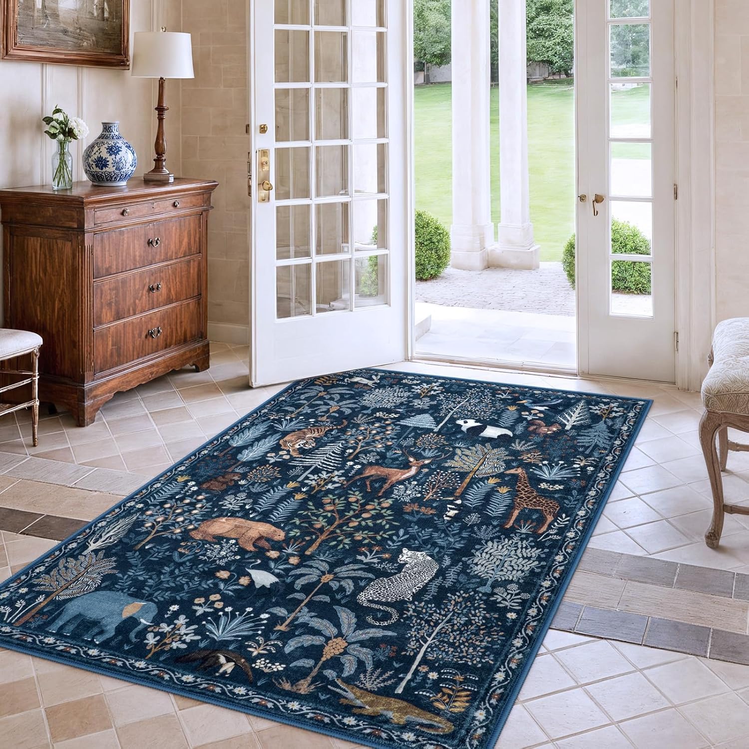 OJIA Jungle Print Blue 5x7 Rugs for Living Room, Soft Ultra-Thin Washable Area Rugs for Bedroom