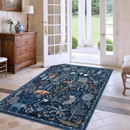 OJIA Jungle Print Blue 5x7 Rugs for Living Room, Soft Ultra-Thin Washable Area Rugs for Bedroom