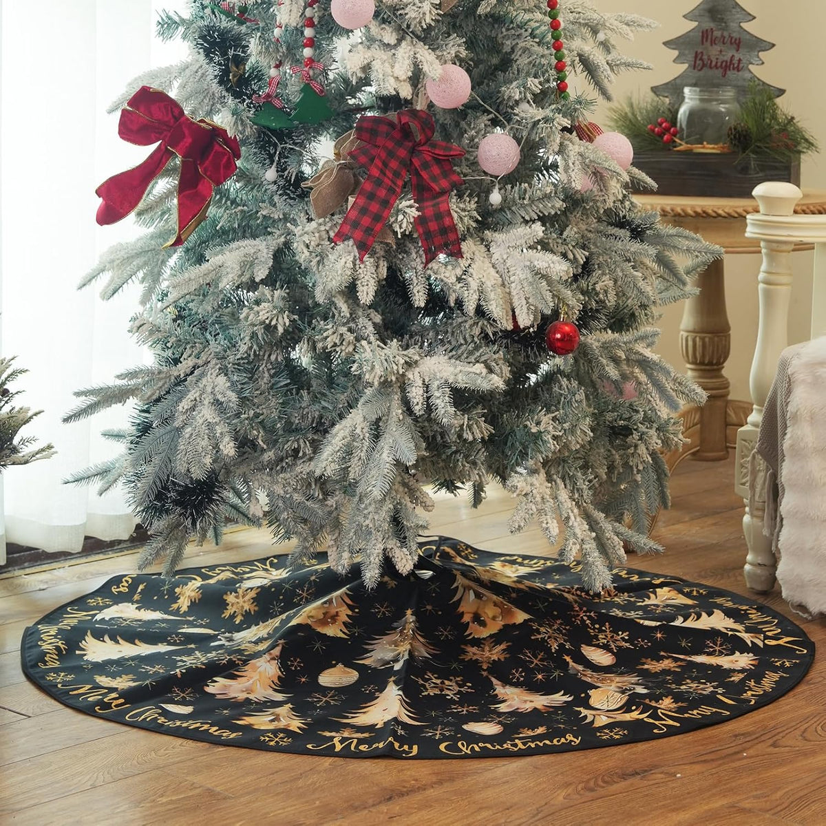 CROWNED BEAUTY Christmas Tree Skirt 36 Inch Xmas Trees Soft Holiday Decoration (Black Gold) TS26-36