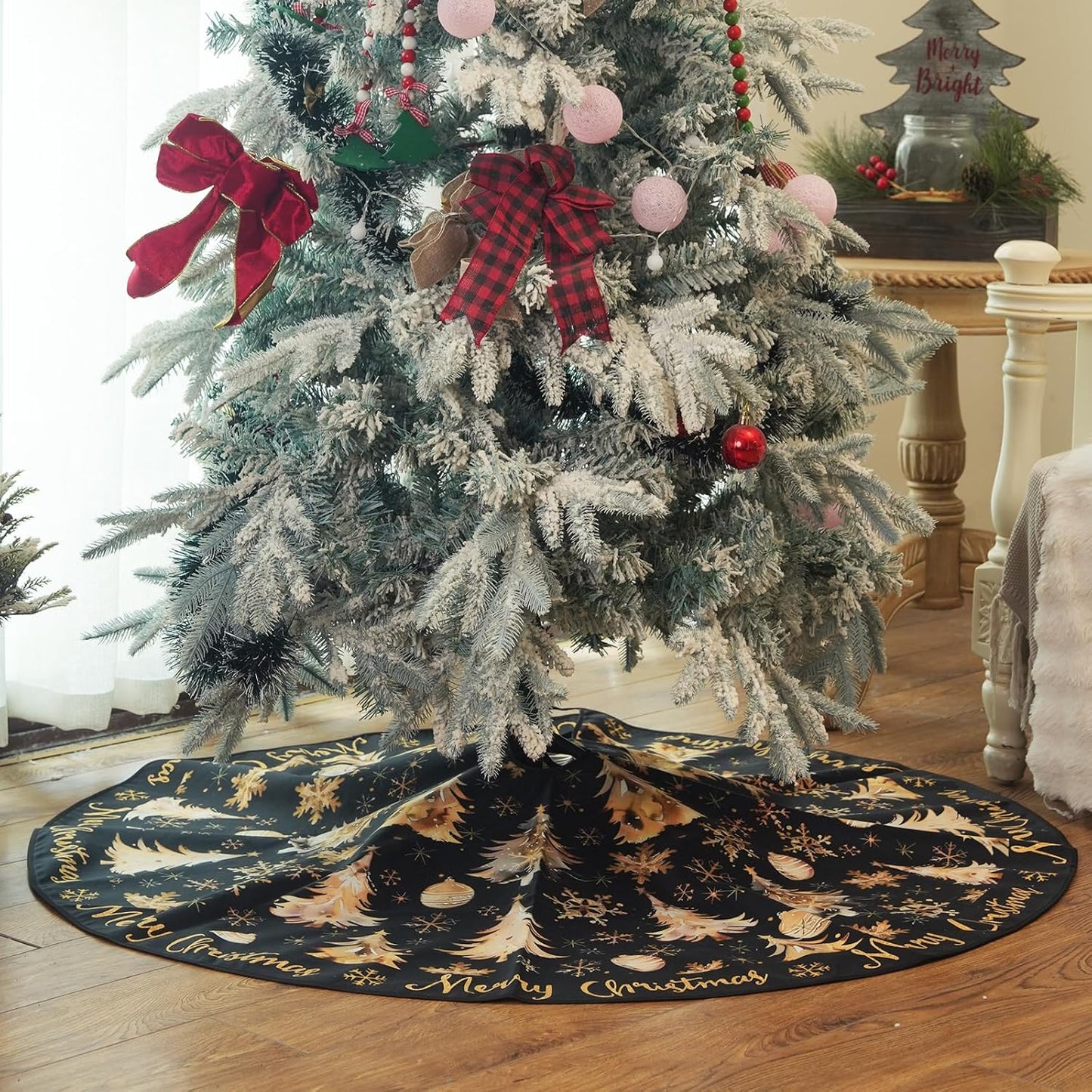 CROWNED BEAUTY Merry Christmas Tree Skirt Collar 48 Inch Xmas Trees Snowflakes Soft Farmhouse