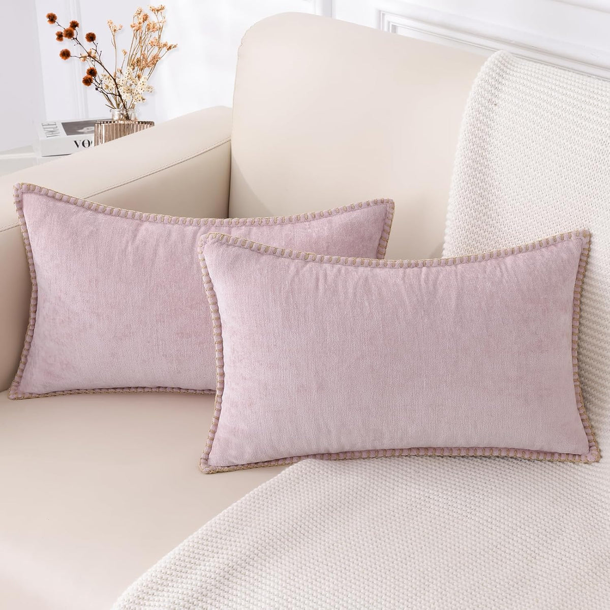 decorUhome Chenille Soft Throw Pillow Covers 12x20 Set of 2, Lumbar Velvet Farmhouse Neutral