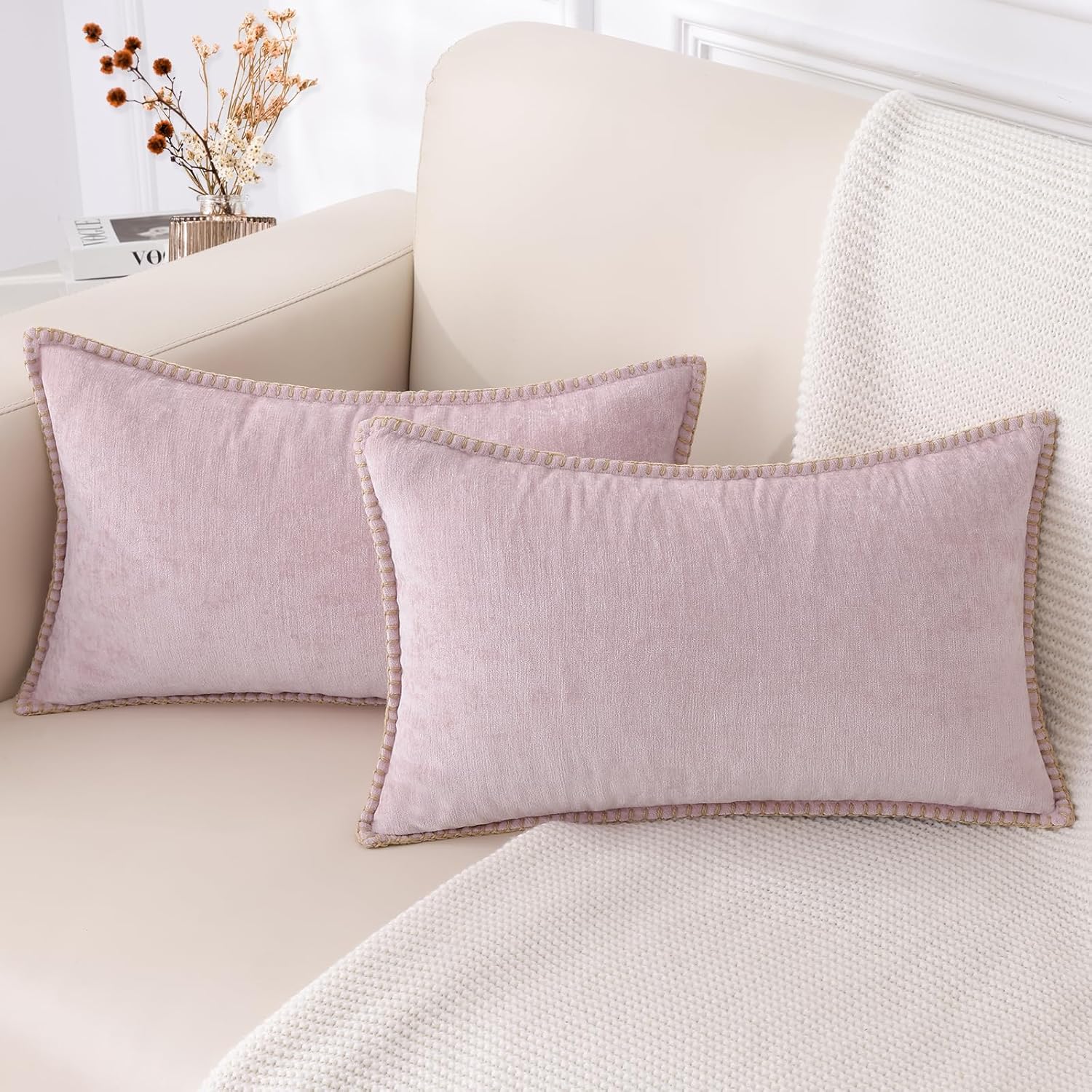 decorUhome Chenille Soft Throw Pillow Covers 12x20 Set of 2, Lumbar Velvet Farmhouse Neutral
