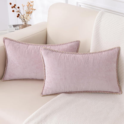 decorUhome Chenille Soft Throw Pillow Covers 12x20 Set of 2, Lumbar Velvet Farmhouse Neutral
