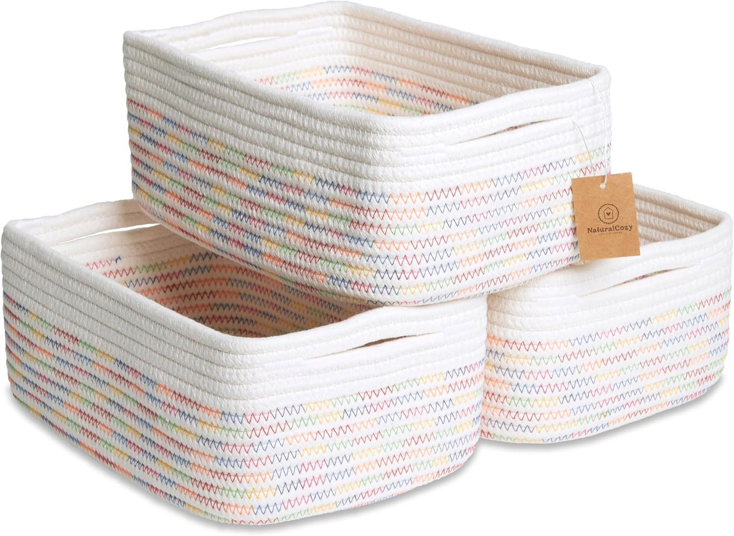NaturalCozy 11.8"x8"x4.5” Rectangle Storage Baskets for Shelves 3 Pack | Cotton Rope Woven Small