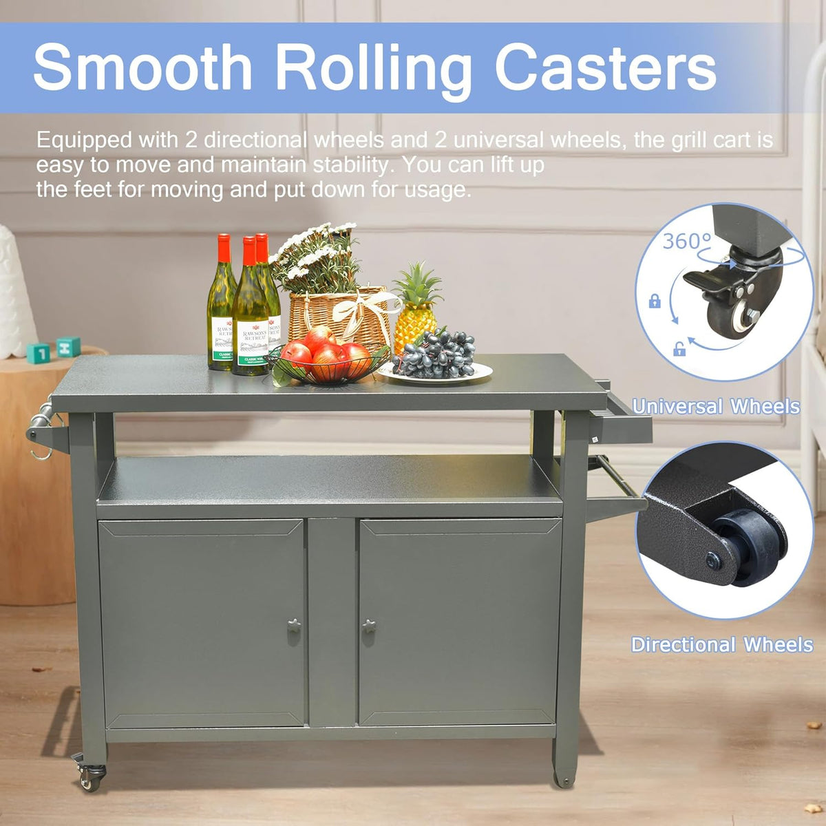 Domi Grill Carts Outdoor Storage Cabinet with Wheels, Metal Outdoor Grill Cart Kitchen Dining Table