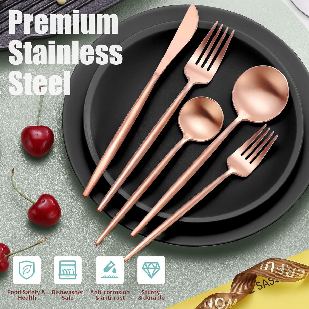 Matte Rose Gold Silverware Set for 4,Modern Stainless Steel Brushed Cutlery Set,20-Pieces Heavy