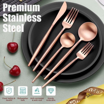 Matte Rose Gold Silverware Set for 4,Modern Stainless Steel Brushed Cutlery Set,20-Pieces Heavy