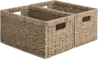 StorageWorks Wicker Storage Basket for Organizing, Medium Seagrass Storage Baskets with Built-in