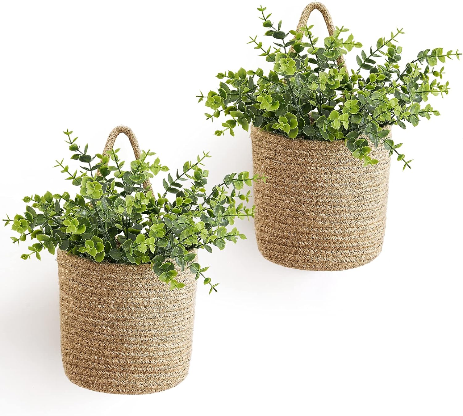 Dahey 2 Pack Wall Hanging Rope Basket with Artificial Eucalyptus Farmhouse Decor, Jute Woven