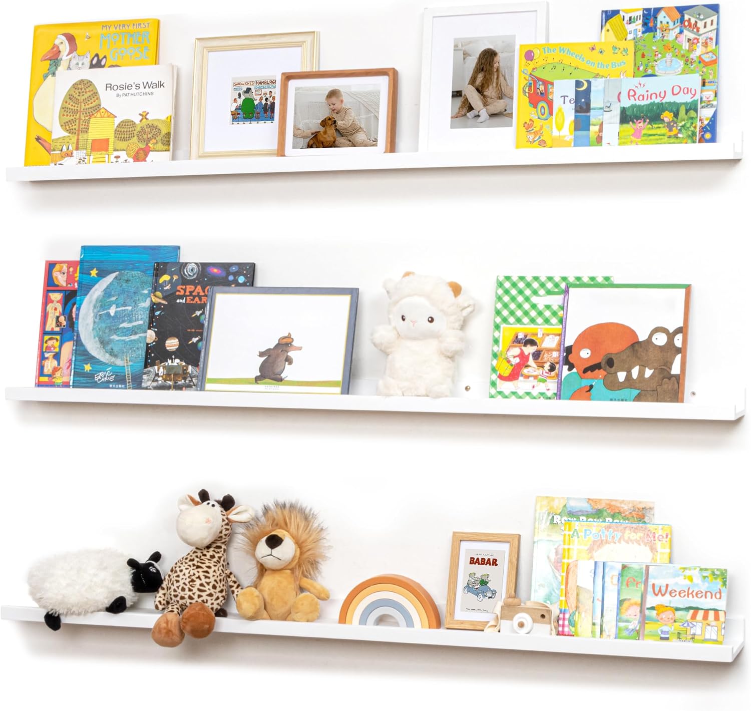 Picture Ledge Shelf for Wall, 56 inches Solid Pine Wood Nursery Book Shelves 3 Packs, Floating