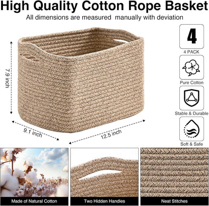 Small Storage Baskets for Shelves Organizing, Woven Cotton Rope Baskets for Storage, Book Basket