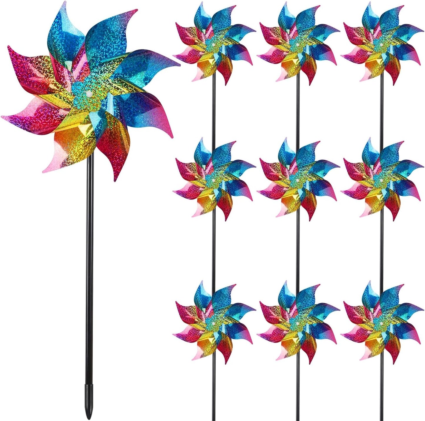 Hausse 10 Pack Reflective Pinwheels Wind Spinner, Extra Sparkly Rainbow Pinwheel with Stakes, Bird