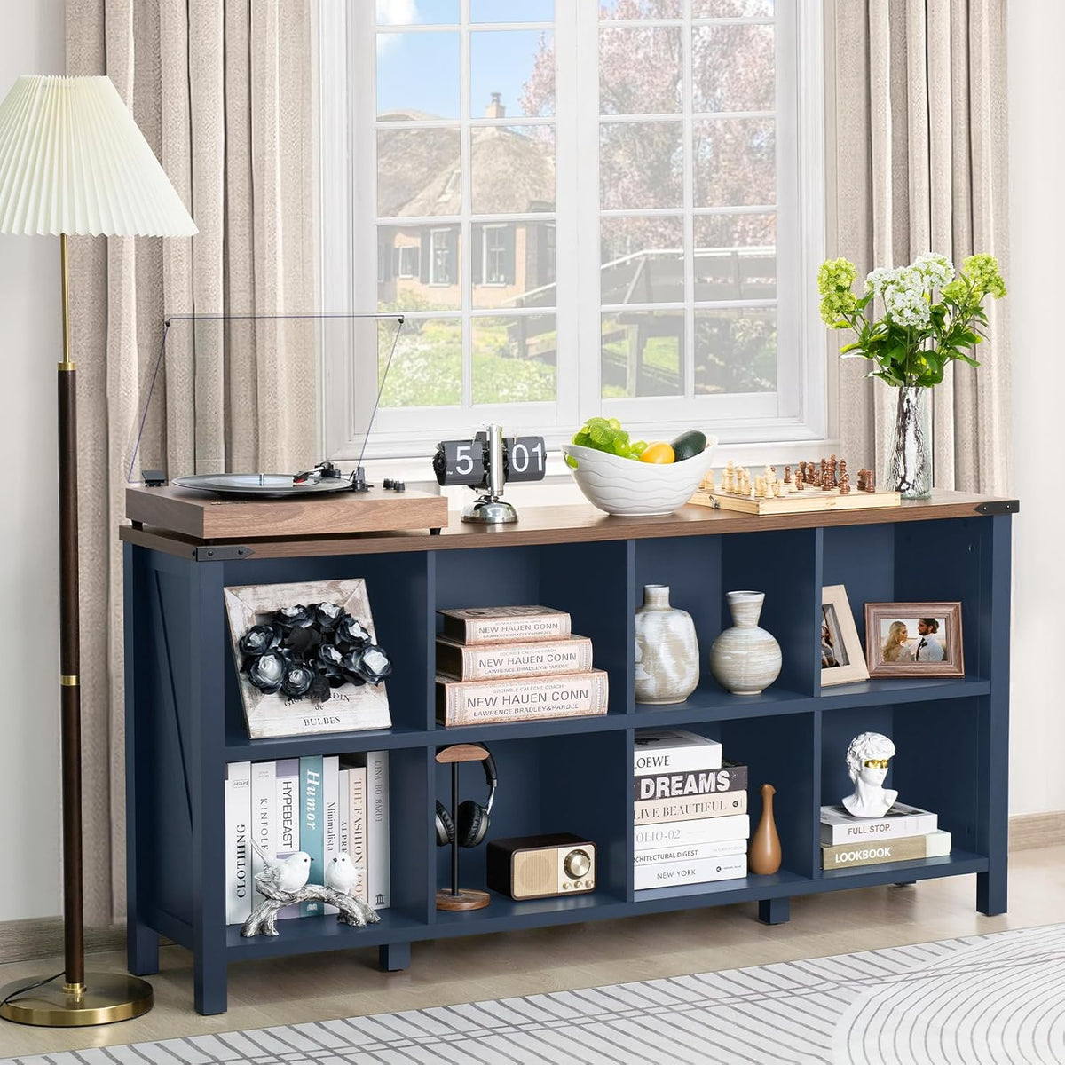 8 Cube Book Shelf, Farmhouse Wood Long Storage Organizer Bookcase, 62" Horizontal Navy Blue Console
