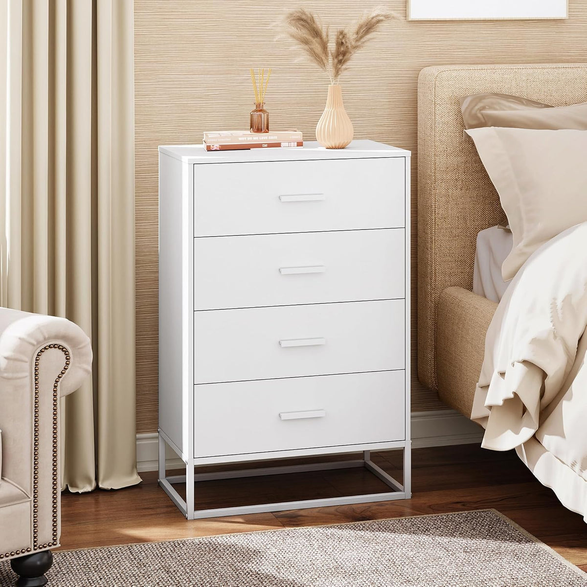 WLIVE White Wood Dresser for Bedroom with 4 Drawers, Tall Chest of Drawers with Sturdy Metal Frame
