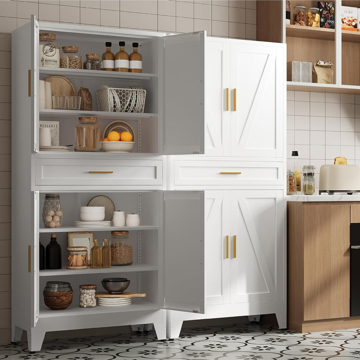 71 "Farmhouse Metal Filing Cabinet with a Drawer and 4 Adjustable Shelves, with 4 Large barn Door