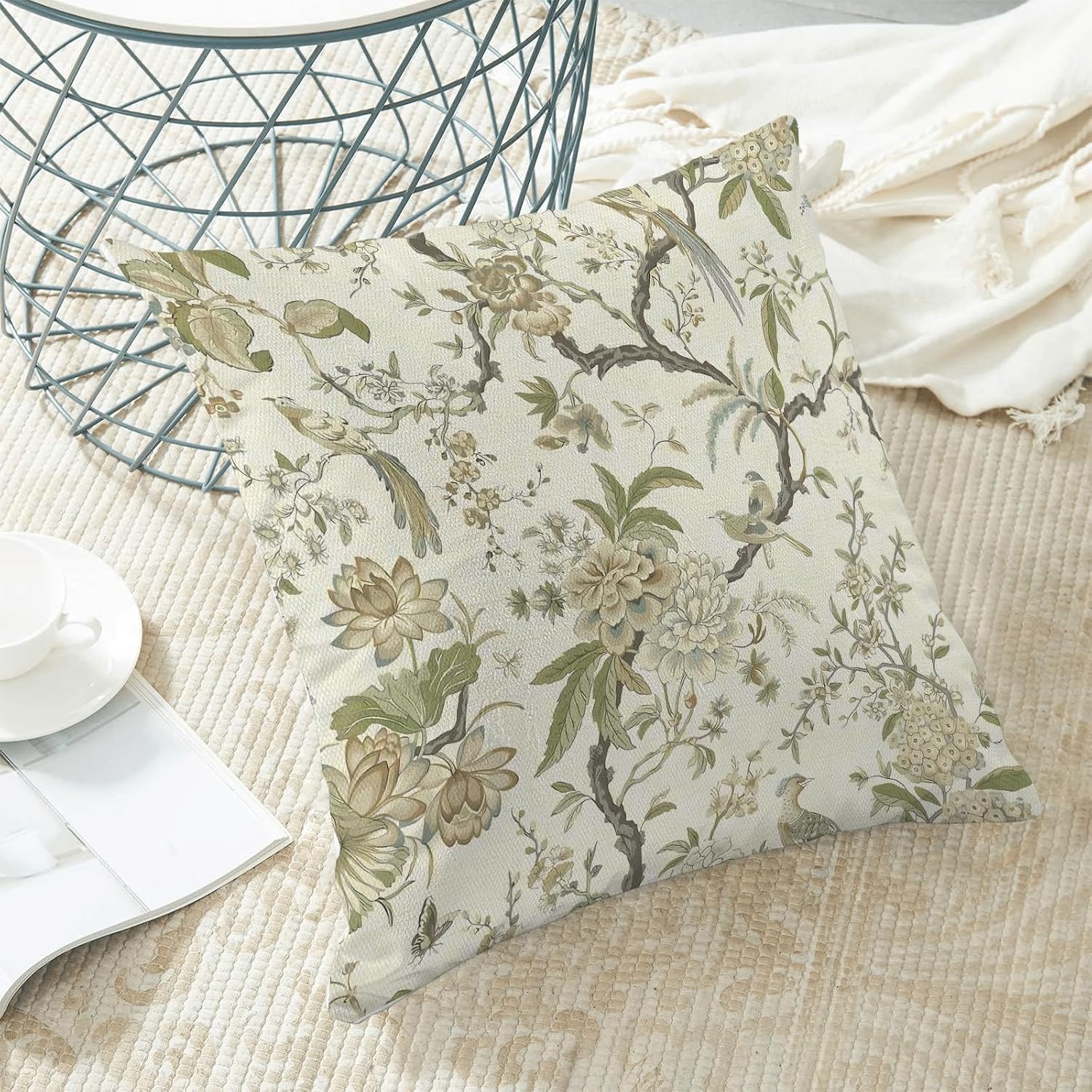 CXMEIFLY Spring Floral Birds Pillow Covers 24 x 24 Inch Set of 2 for Chinoiserie Flowers Decor