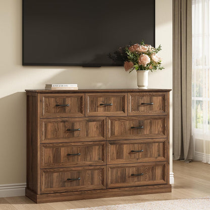 Farmhouse 9 Drawer Dresser for Bedroom, 55 Inch Wide Modern Walnut Dresser TV Stand with Large