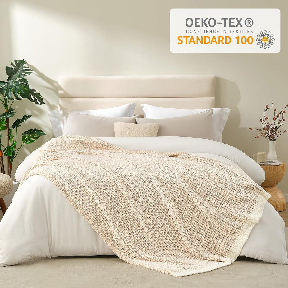Snuggle Sac Cream Waffle Blanket for Couch Bed Sofa 60x80 inches, Reversible Beige Soft Throw