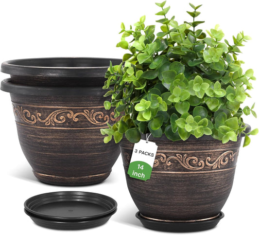 Plastic-Plant-Flower-Planters-14 Inch with Drainage Hole & Saucer, 3 Packs Lightweight Large Resin