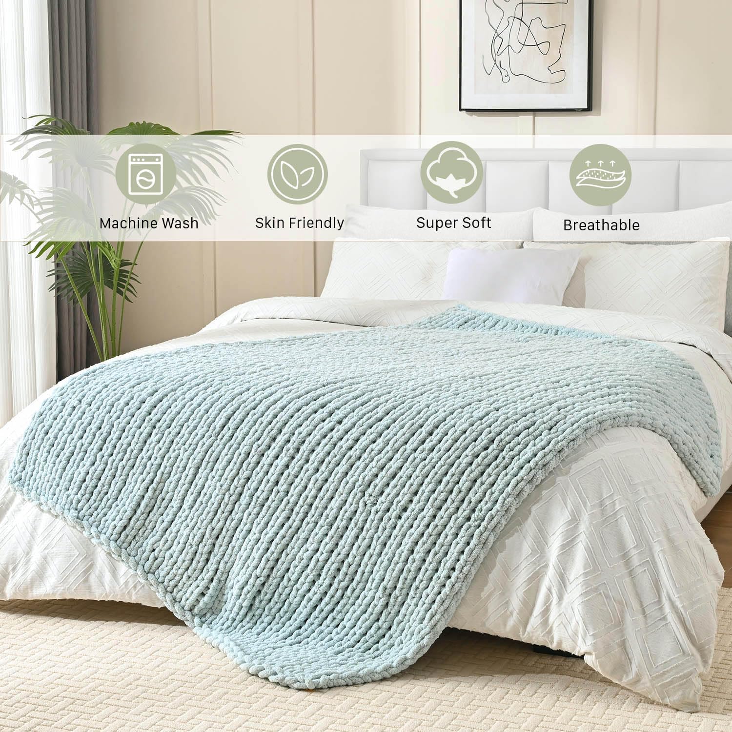 Esterra Chunky Knit Blanket Throw 50"x60", 100% Hand Knitted Chenille Throw Blanket, Cozy Soft