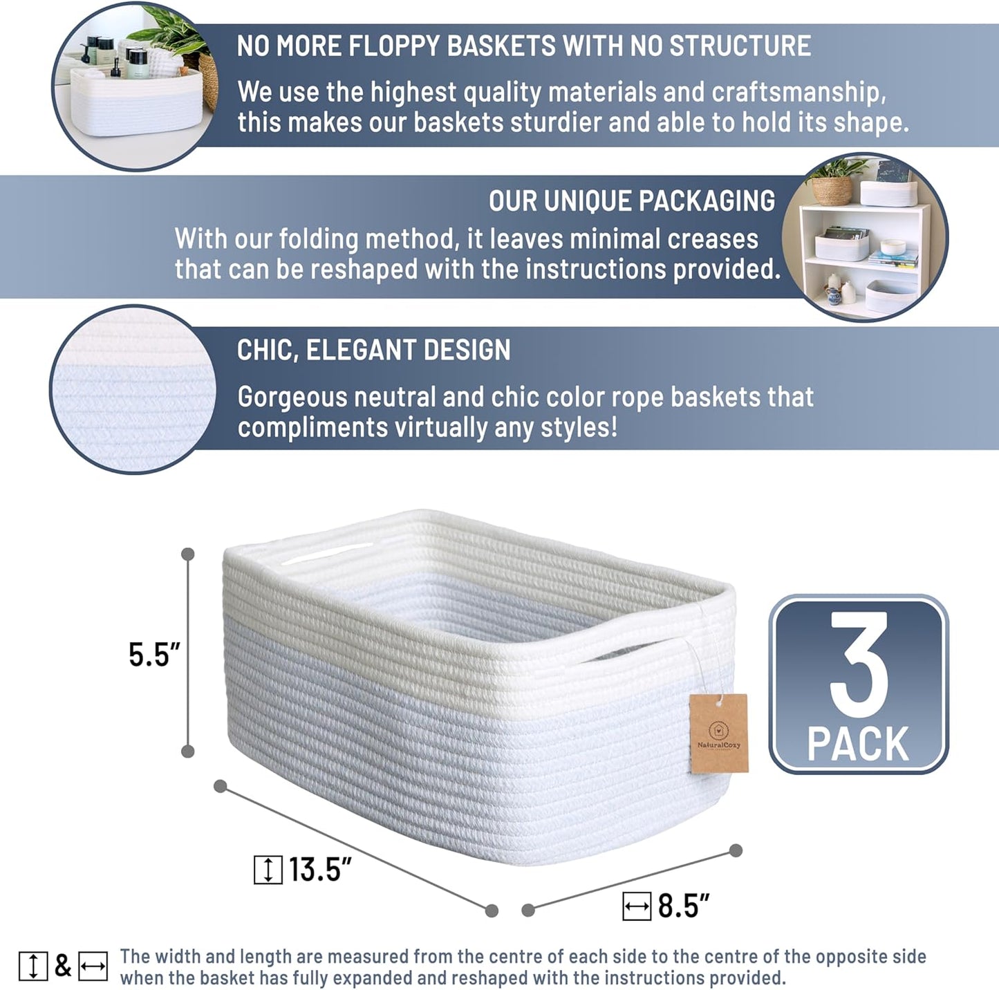 NaturalCozy 13.5”x8.5”x5.5” Rectangle Storage Baskets for Shelves 3 Pack | Cotton Rope Woven Small